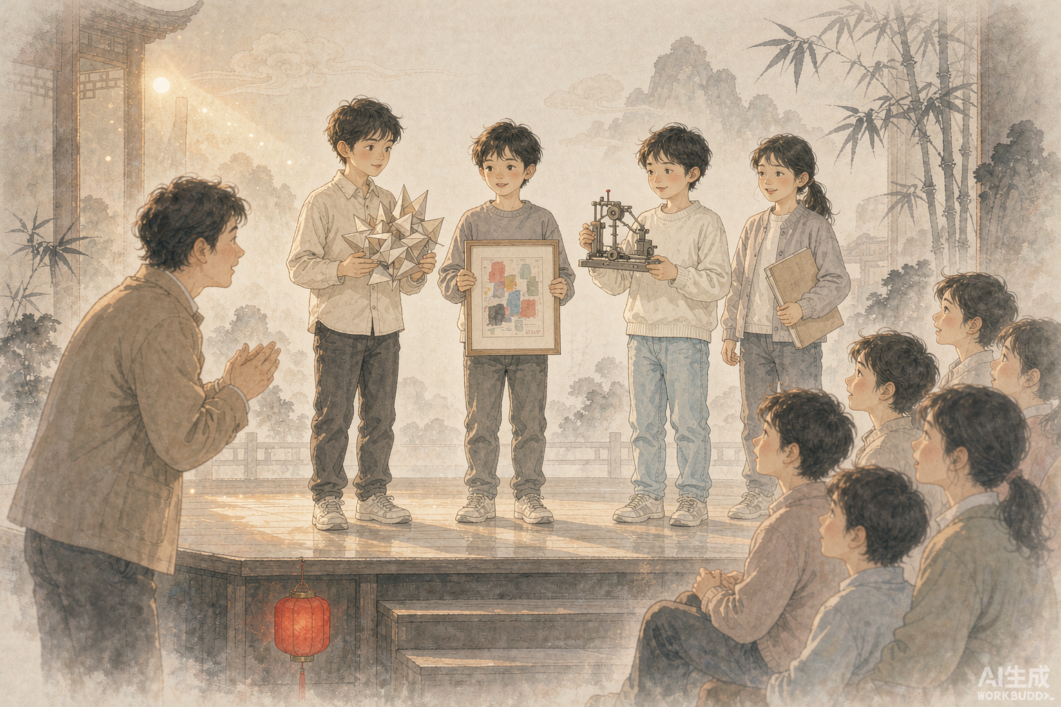 学生站在舞台上向观众展示自己的作品